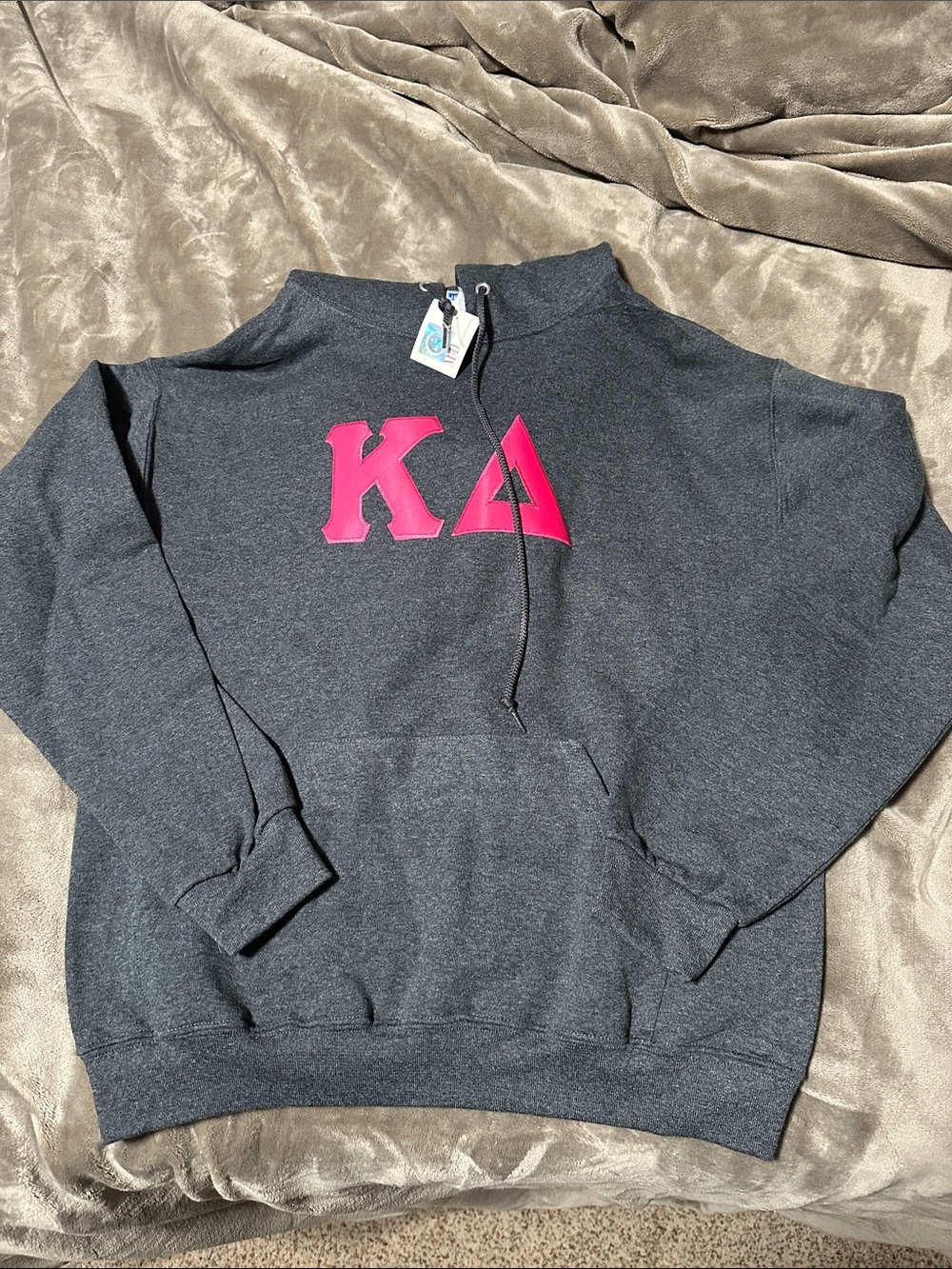Jerzees Charcoal Hoodie with Pink Kappa Delta Letters